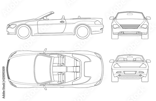 Cabriolet car in outline. Cabrio coupe vehicle template vector isolated on white. View front, rear, side, top. All elements in groups
