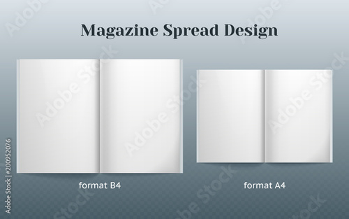 Double page spread magazine design. Two isolated templates of the B4 and A4 format. double page vector mockup on gray background. Vector image