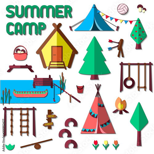 Children's summer camp poster with playground equipment, hut, tent, wigwam and nature elements. Flat style vector illustration on white background. Suitable for advertisement. EPS10 photo