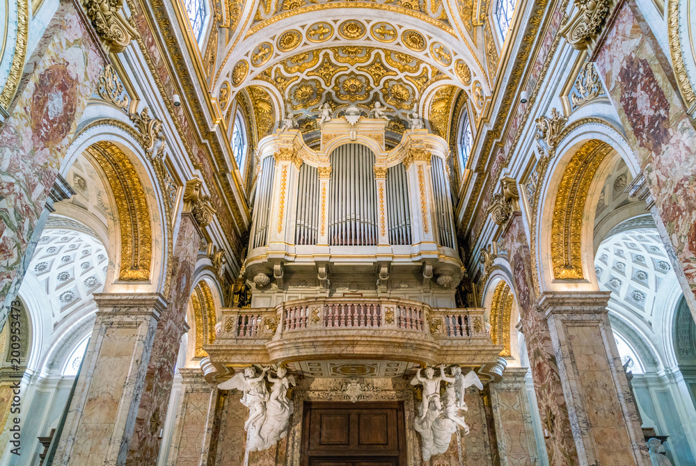 Pipe organ in the dome of the Church of Saint Louis of the French in Rome, Italy.