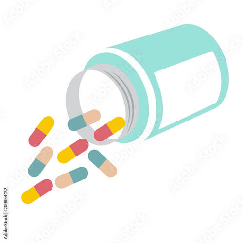 two kind colorful pills spilling from overturned bottle. vector format illustration.