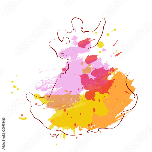 Sketch of dancinge couple isolated on white with watercolor splashes. Waltz. Hobby.