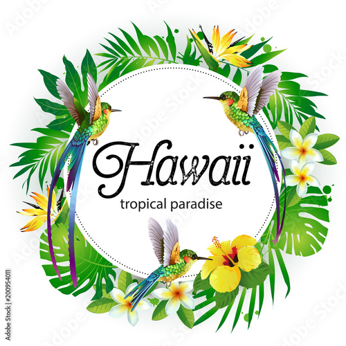 Green summer tropical background with exotic palm leaves and hibiscus flowers. Vector floral background.