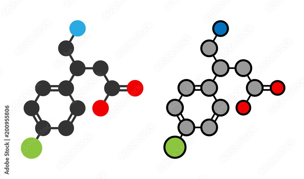 Baclofen drug molecule. Baclofen drug molecule.