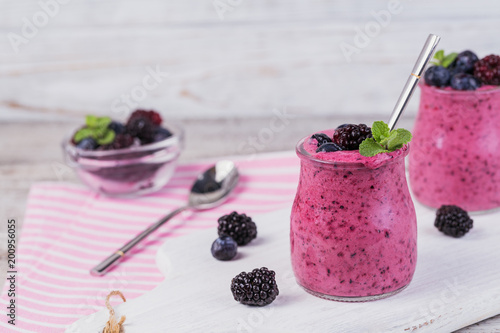Berry smoothie, healthy detox yogurt drink, diet or vegan food concept