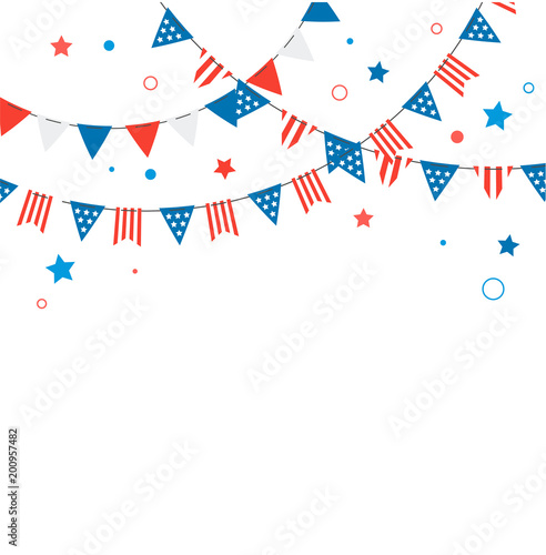 4th of July, American Independence Day celebration background with fireworks, banners, ribbons and color splashes