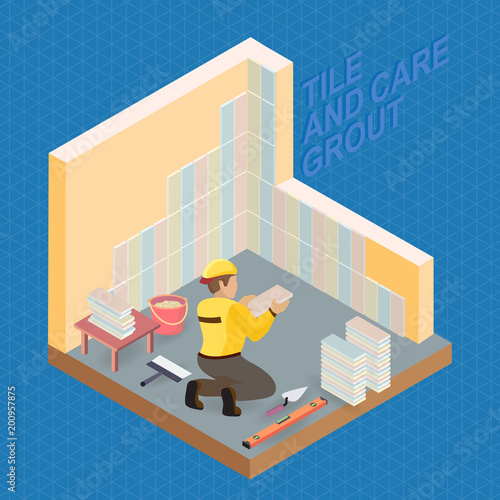 Isometric interior repairs concept. Tiler is tying colorful tile