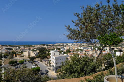 Aerial view of Pafos on a bright blue sky day.