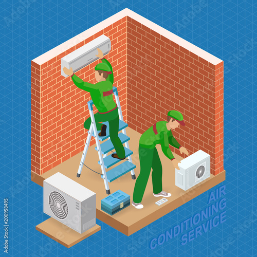 Isometric interior repairs concept. System of air conditioning.