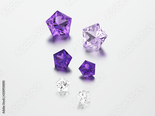 3D illustration six different pentagon diamonds stones