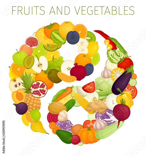 A symbol of dao from food. Vector. Yin and yang from vegetables and fruits. Concept of healthy nutrition.