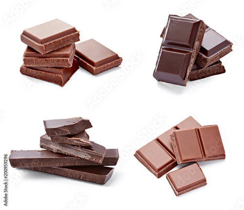 close up of chocolate pieces on white background