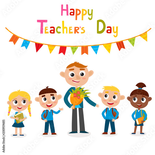 Vector illustration of man teacher and pupils isolated on white.