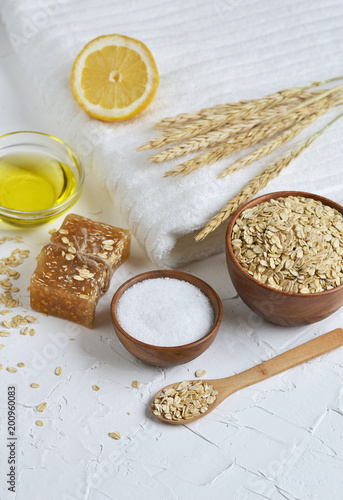 Natural Ingredients for Homemade Oatmeal Body Face Scrub Soap Beauty Concept Organic Eco Healthy Lifestyle