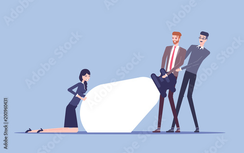 Business team helps to realize the great idea. Group of businessmen trying to pull a great idea making every effort, collaborative work vector flat illustration. Business concept idea and teamwork