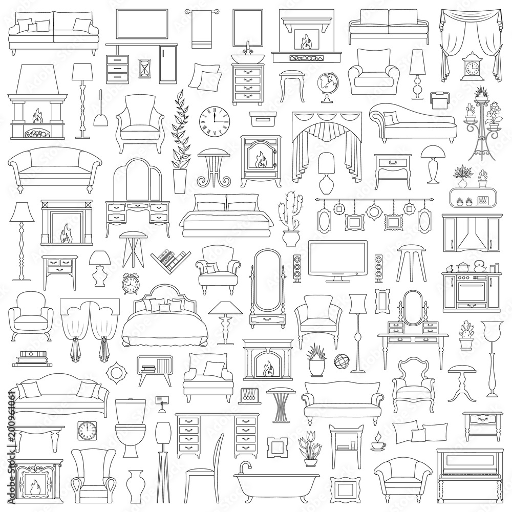 A set of furniture and details in the outline style for creating the interior. Vector illustration. Linear icons of interior items.