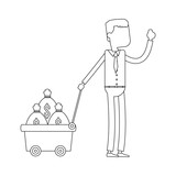 Businessman pulling cart with money bags vector illustration graphic design