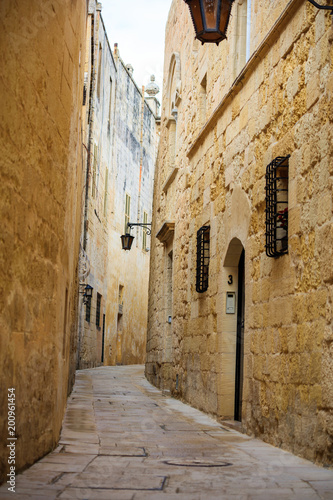 Malta, Mdina. Old medieval city narrow streets, houses sandstone facades