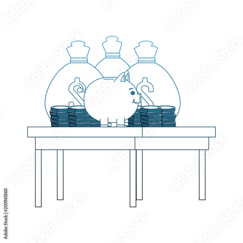 Savings money bags and piggy on desk vector illustration graphic design