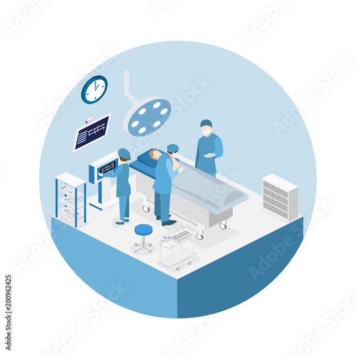 Isometric flat 3D interior of Surgery Department. Hospital Plastic Surgery