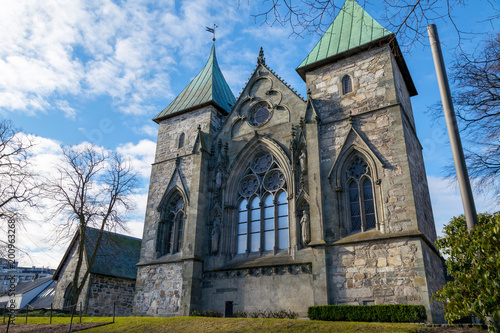 The cathedral with green roof and big windows in norway
