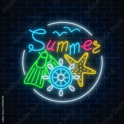 Glowing neon sign of summer begin party with sea star, flippers and handwheel in circle frame