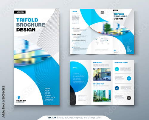 Tri fold brochure design with circle, corporate business template for tri fold flyer. Layout with modern photo and abstract circle background. Creative concept folded flyer or brochure.