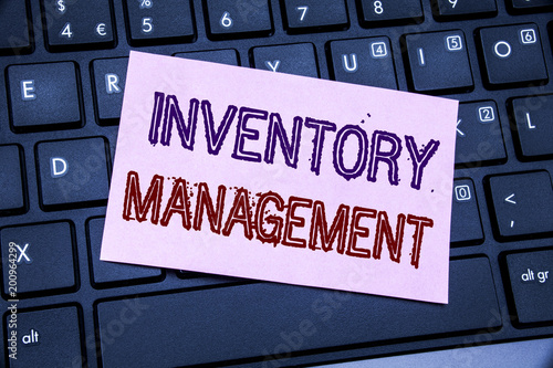 Handwriting Announcement text showing Inventory Management. Business concept for Stock Supply written on sticky note paper on the black keyboard background.