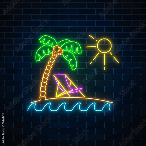 Glowing neon summer sign with palm, sun, chaise-longue and ocean on dark brick wall background.