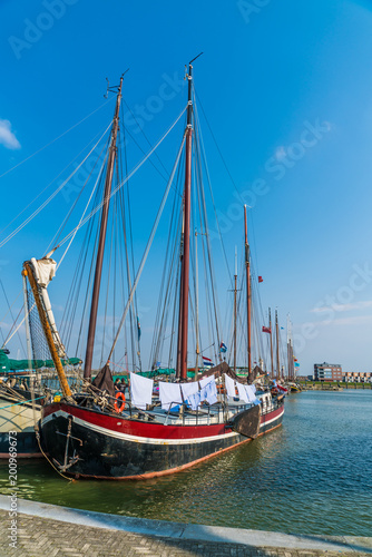Lelystad, The Netherlands april 11 2018, old wooden sailing ships in Dutch harbour