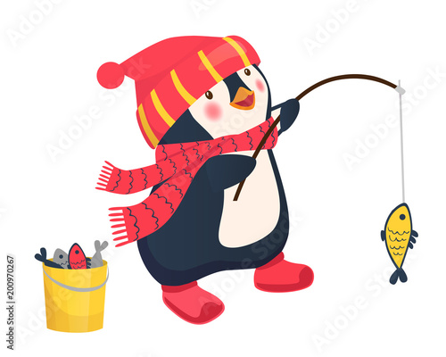 penguin fisherman caught fish