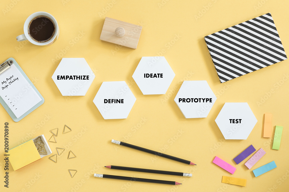 Top view of creative desk with design thinking project. Modern solutions for you idea. Top view of creative desk with design thinking project. Modern solutions for you idea.