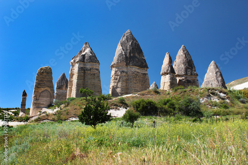 Unusual rocks in Gorceli Deresi at the beginning of Zemi Valley near Goreme, Cappadocia, Turkey photo