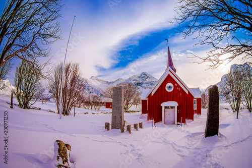 Pretty red house on the Lofoten Islands photo