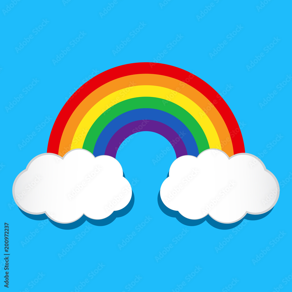 Rainbow and clouds on blue background. Vector illustration