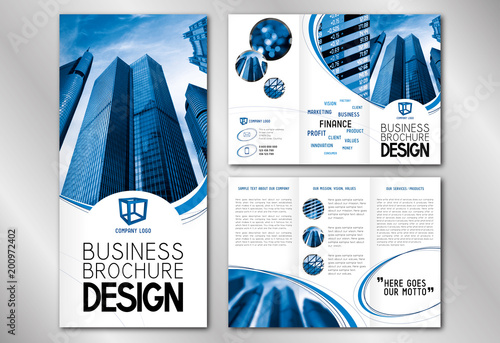 Business trifold brochure template (A4 to DL format) - modern office buildings/ skyscrapers.