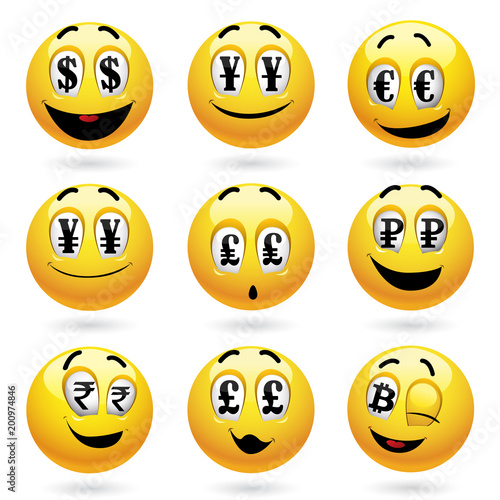 Smiley balls looking at money. Positive smiling ball earning money.