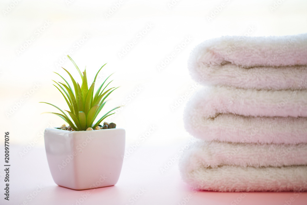 Spa Relax And Bath Concept, Stack Clean Bath Towels Colorful Cotton Terry Textile In Bathroom Pink Background, Copy Space Spa Relax And Bath Concept, Stack Clean Bath Towels Colorful Cotton Terry Textile In Bathroom Pink Background, Copy Space