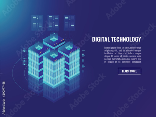 Isometric vecotr server room concept, cloud storage, data warehouse and processing, bigdata banner, neon dark ulstraviolet