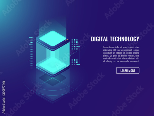 Data warehouse, web concent mining concept, cloud storage, vector isometric datacenter and database icon, neon ultraviolet