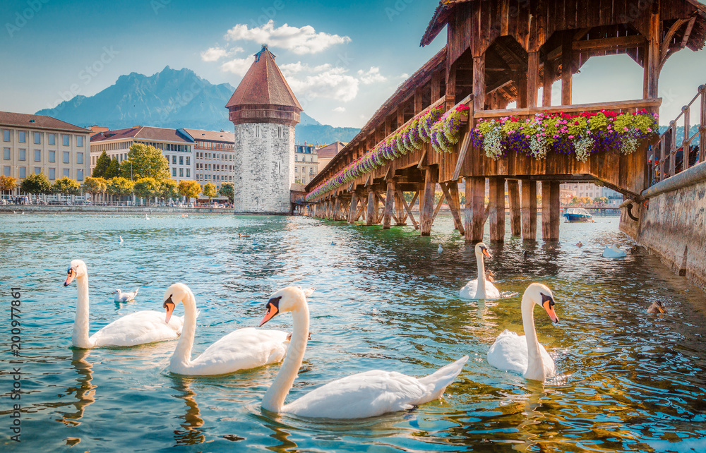 Historic town of Luzern with famous Chapel Bridge, Switzerland
