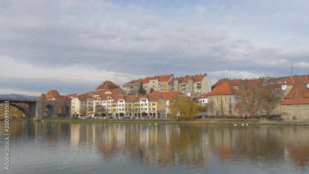 Pan right of buildings on Drava's riverside Pan right of buildings on Drava's riverside