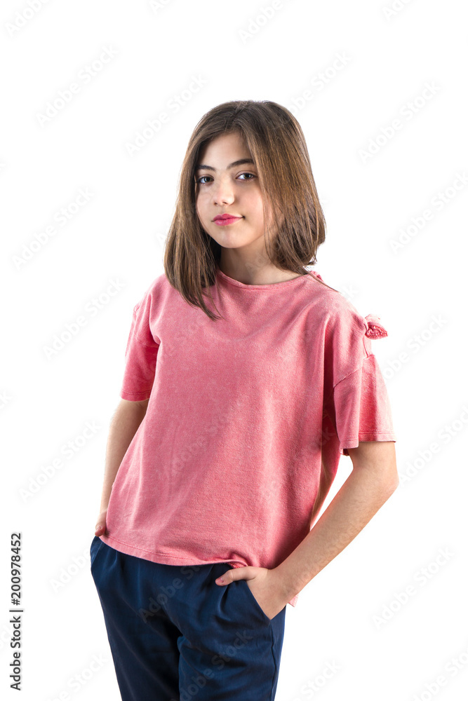beautiful little girl posing in front of camera on white background beautiful little girl posing in front of camera on white background