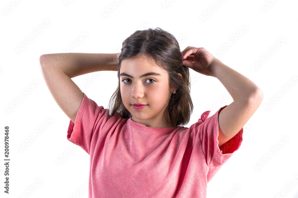 beautiful little girl posing in front of camera on white background beautiful little girl posing in front of camera on white background