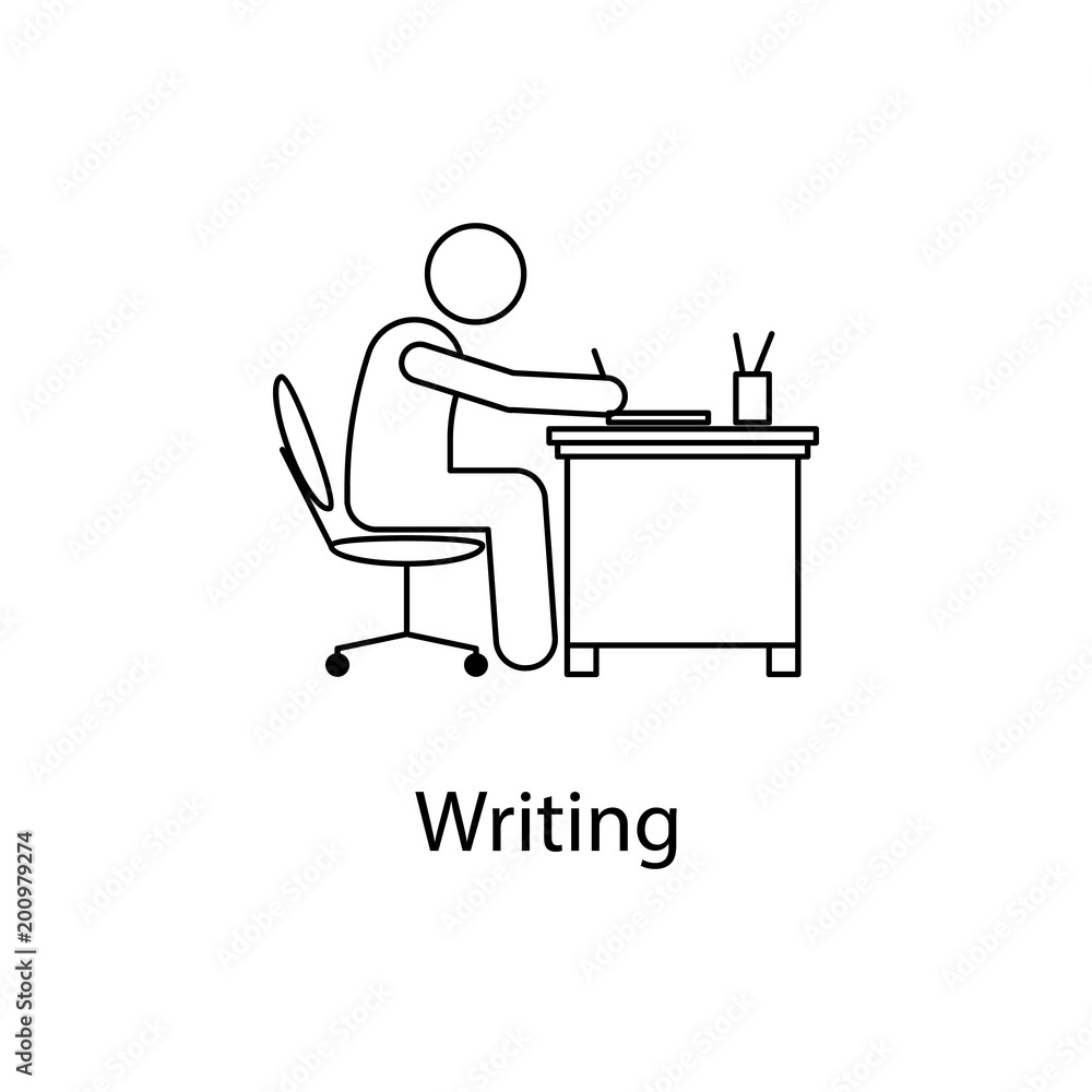 worker is writing icon. Element man in front of a computer in the workplace for mobile concept and web apps. Thin line icon for website design and development; app development worker is writing icon. Element man in front of a computer in the workplace for mobile concept and web apps. Thin line icon for website design and development; app development