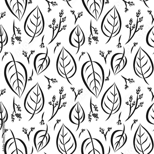 Vector seamless pattern of graphical leaves shapes, monochrome botanical illustration, floral elements, hand drawn repeatable background. Artistic backdrop.
