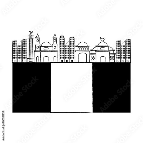 sketch of flag of mexico with iconic mexican building icon over white background, vector illustration