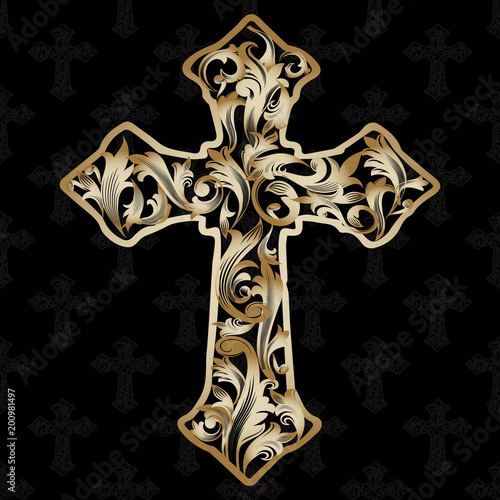 Ornamental cross.  Gold vector cross with decorative antique vintage 3d leaves and medieval baroque ornaments. Ornate gold cross on the black background.