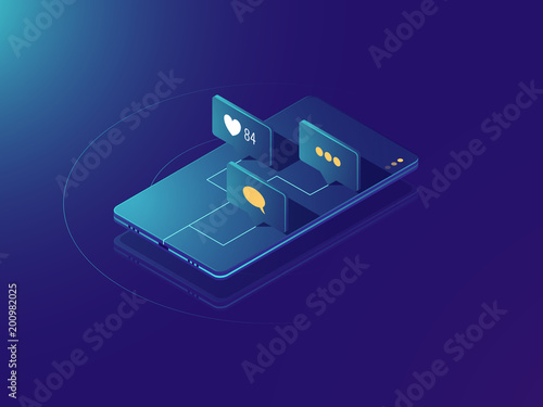 Mobile phone income message notification, social media network concept, comments and like icons, neon isometric vector