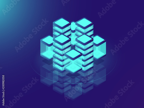 Network or mainframe infrastructure, server room and datacenter, futuristic supercomputer, isometric vector illustration on neon dar background